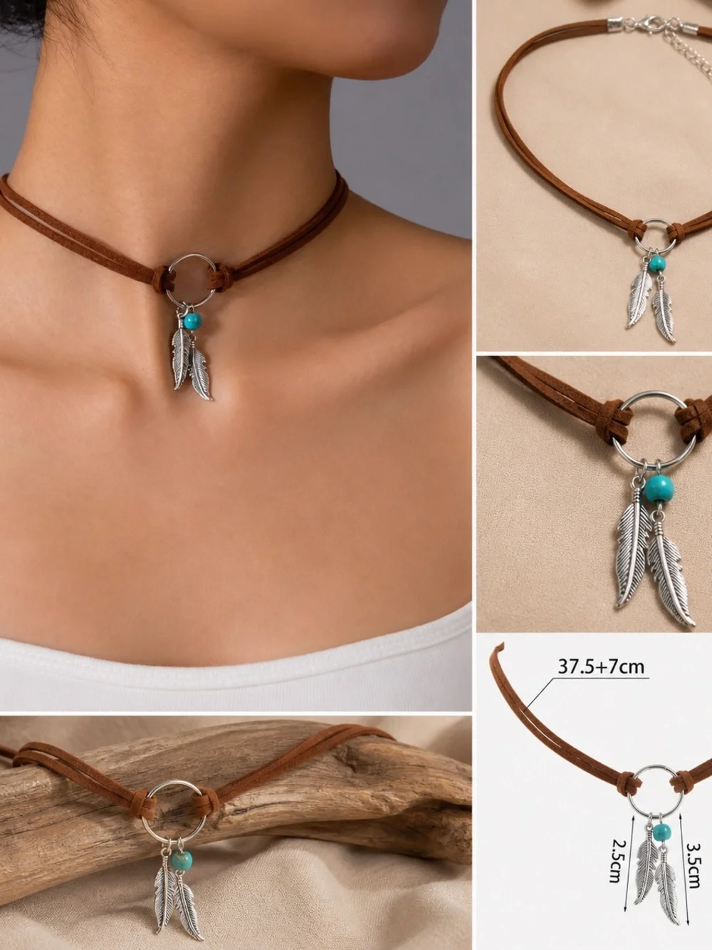 Boho Brown Leather Choker Necklace with Turquoise Bead and Feather Charms - Picture 2 of 5